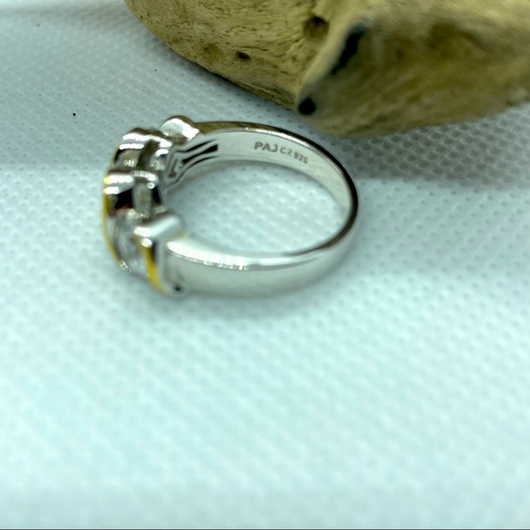 Prime Art & Jewel PAJ Signed Gold Sterling Silver CZ Ring Sz 6-1/4 Three Stone - Picture 7 of 7